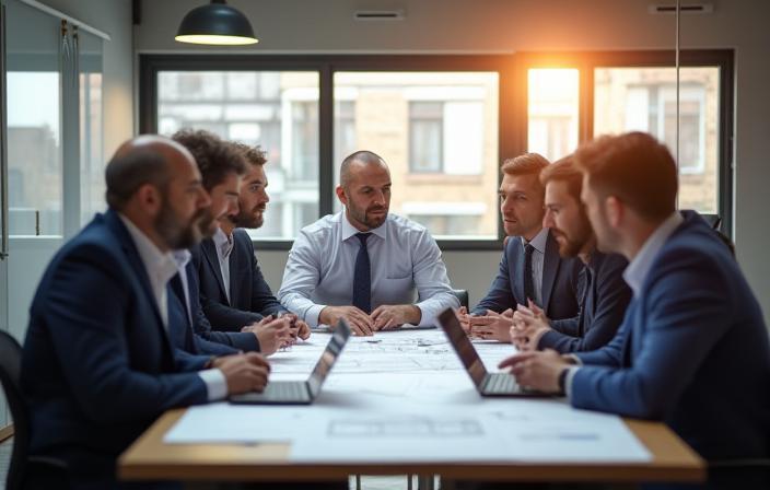 Britannia Construction team discussion in Manchester office